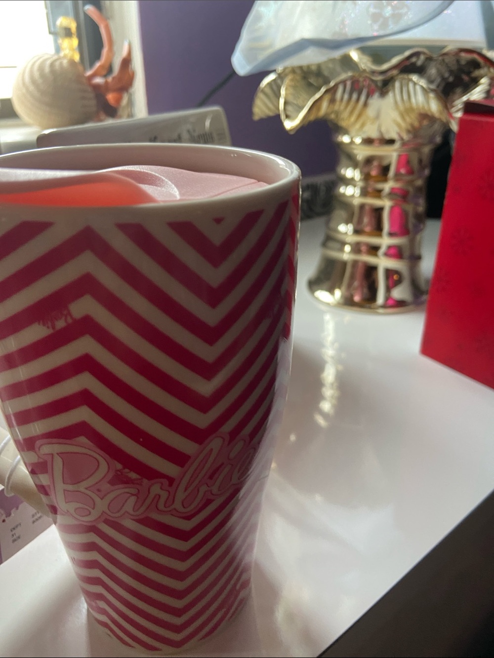 Barbie Pink Chevron Travel Mug with White Accents - Barbie